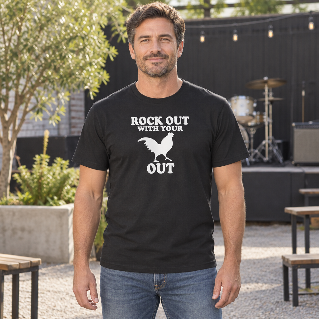 Rock Out With Your Rooster Out — Black T-Shirt — lifestyle hero