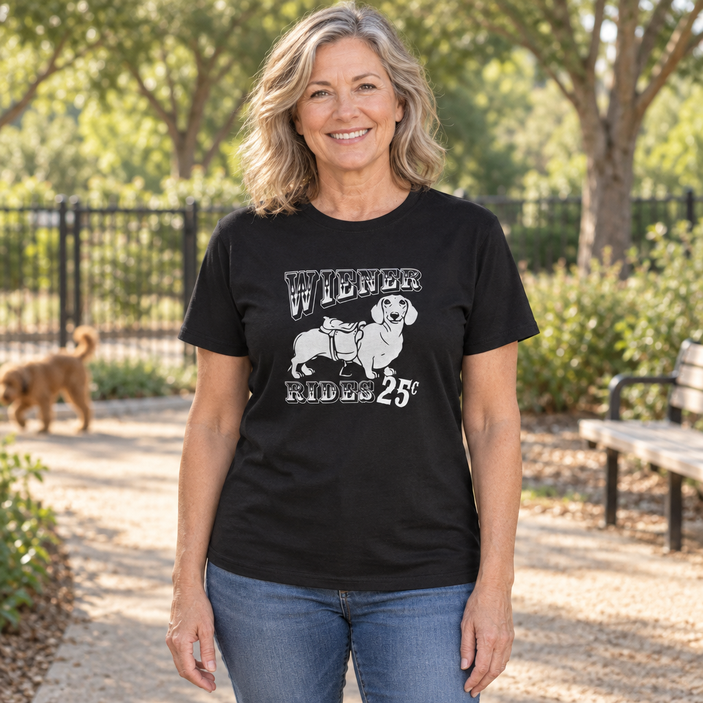 Wiener Rides 25 Cents — Black T-Shirt — lifestyle hero