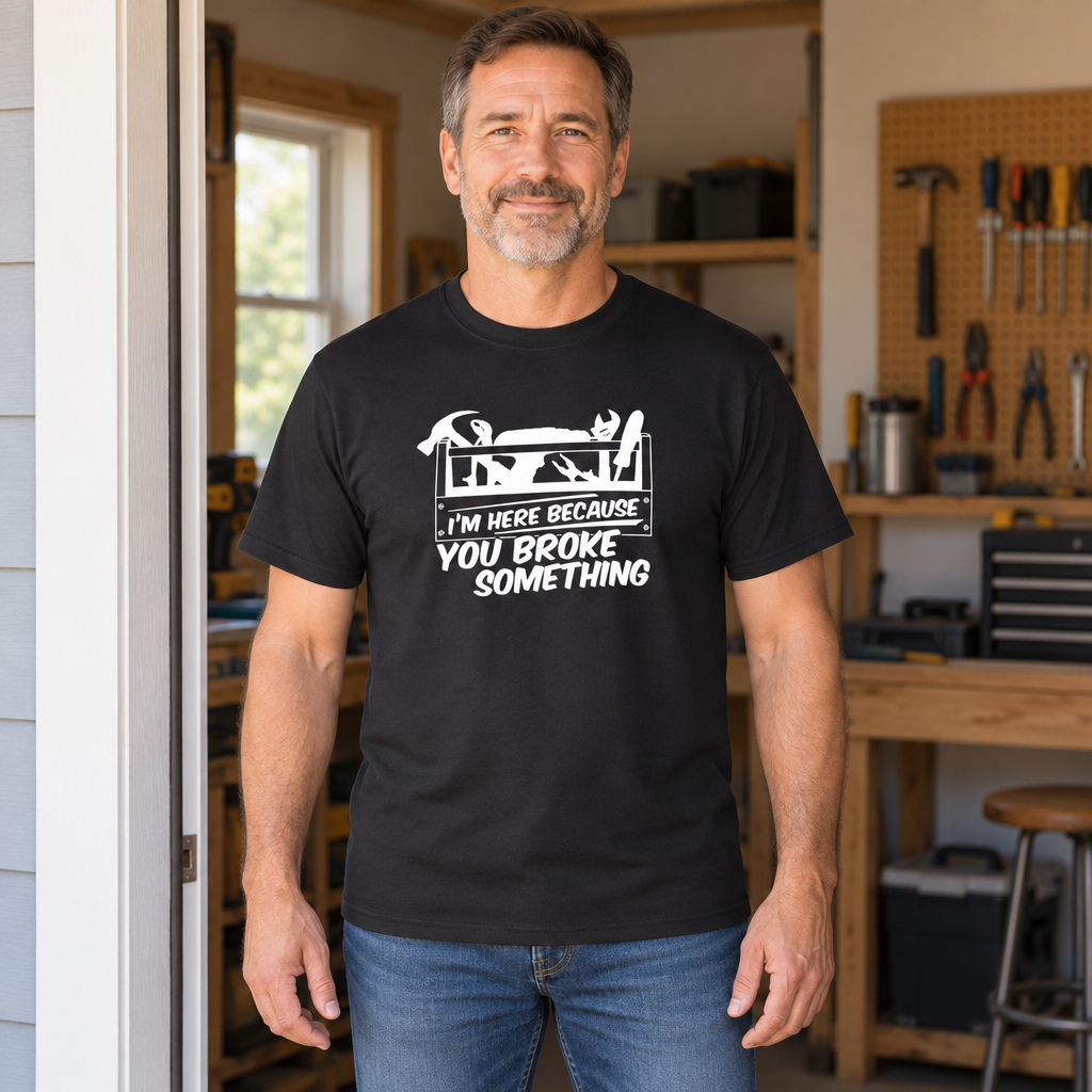 Here Because You Broke Something — Black T-Shirt — lifestyle hero