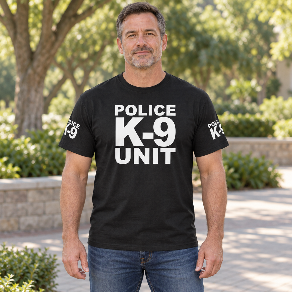 Police K-9 Unit Front and Sleeve Lettering — Black T-Shirt — lifestyle hero