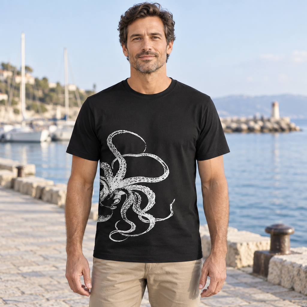 Side-Print Kraken Tentacles — Black T-Shirt — lifestyle hero