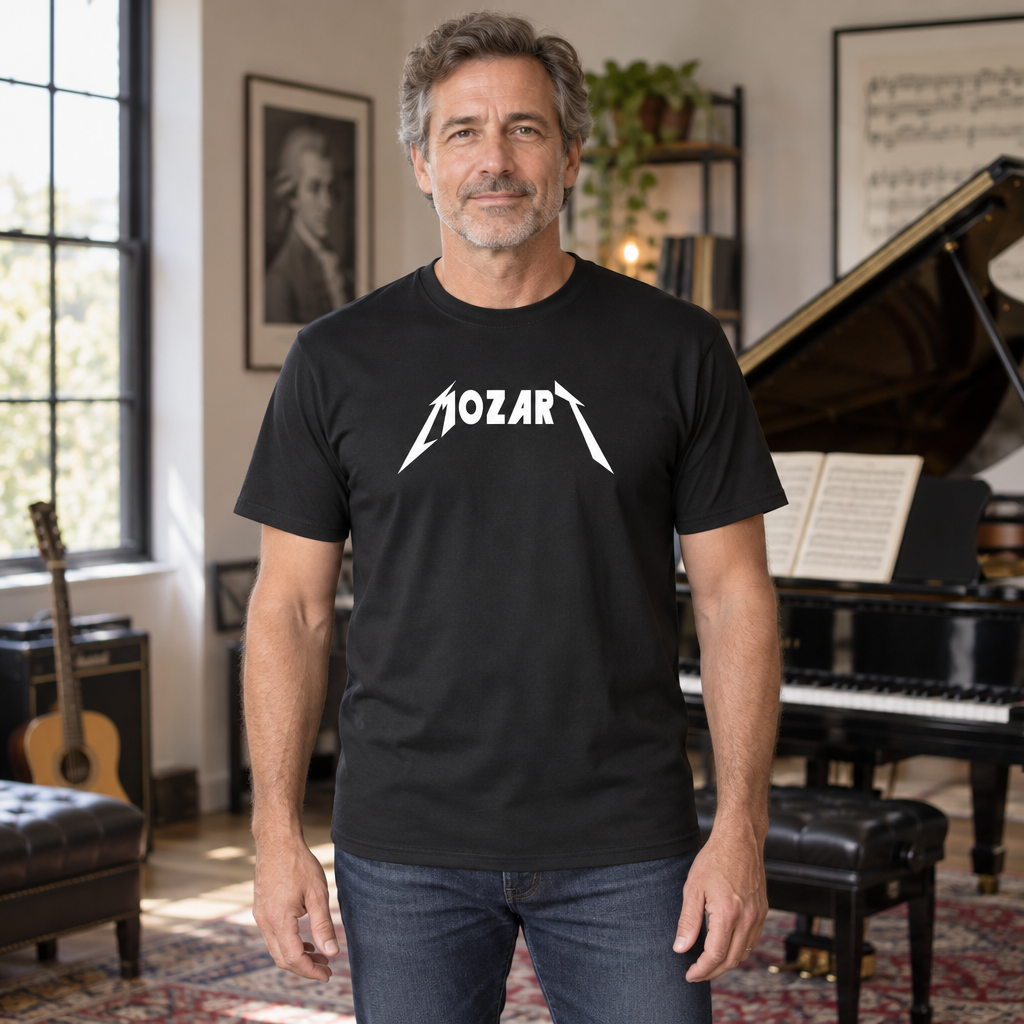 Mozart Rock Lettering — Black T-Shirt — lifestyle hero