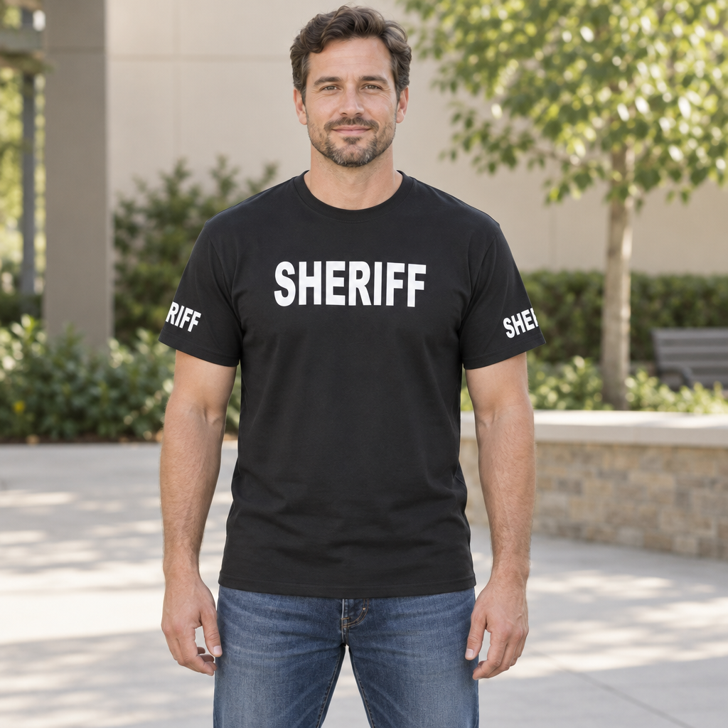 Sheriff Front and Sleeve Lettering — Black T-Shirt — lifestyle hero