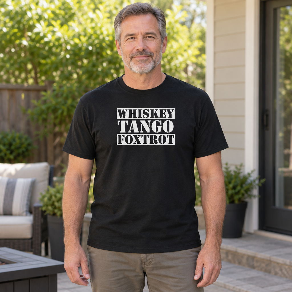 Whiskey Tango Foxtrot — Black T-Shirt — lifestyle hero