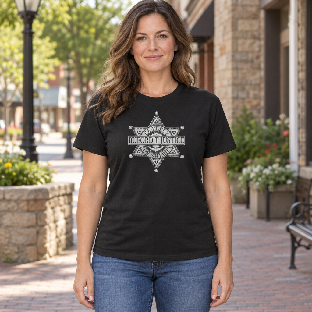 Buford T Justice Sheriff Badge — Black T-Shirt — lifestyle hero