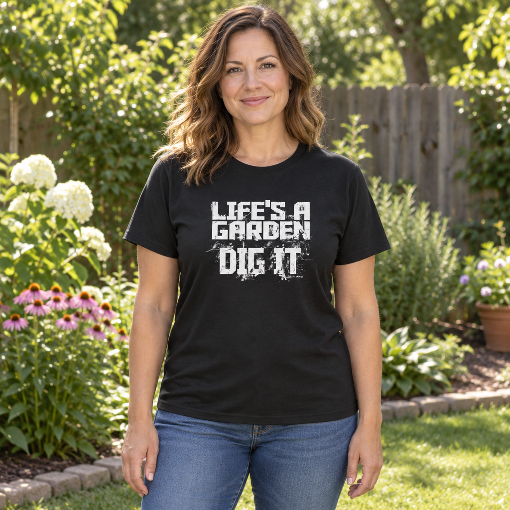 Life's a Garden Dig It — Black T-Shirt — lifestyle hero