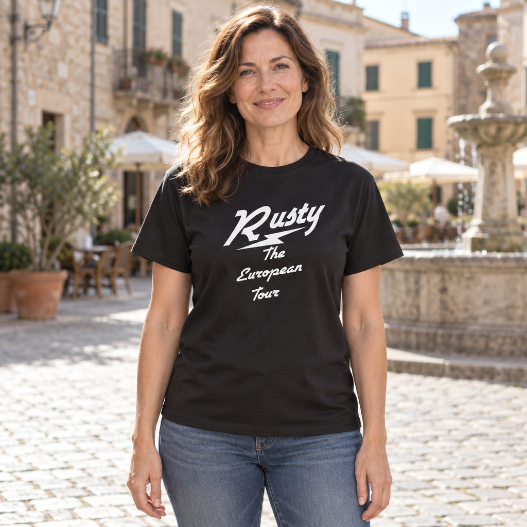 Rusty the European Tour — Black T-Shirt — lifestyle hero
