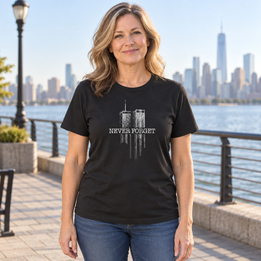Never Forget Twin Towers — Black T-Shirt — lifestyle hero