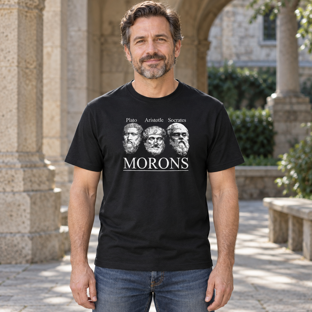 Morons Philosophers Portraits — Black T-Shirt — lifestyle hero