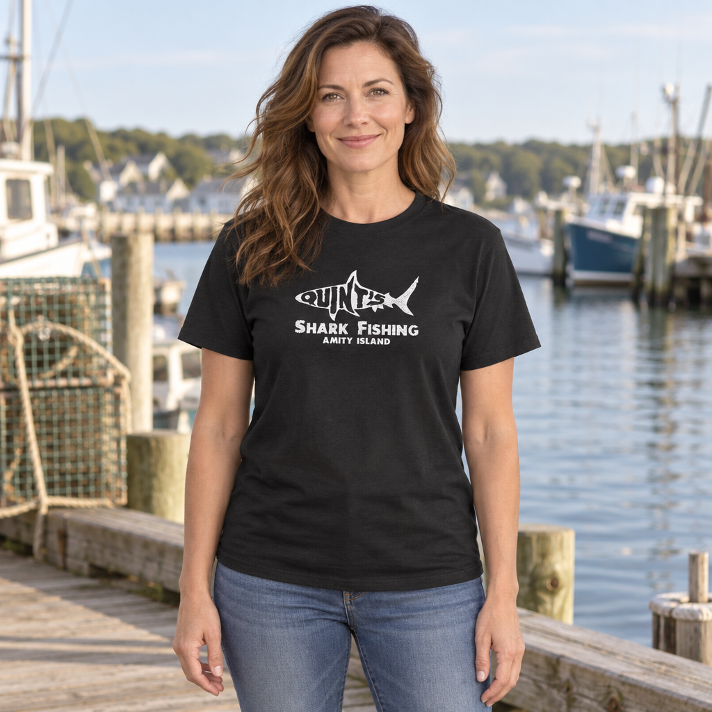 Quint's Shark Fishing — Black T-Shirt — lifestyle hero