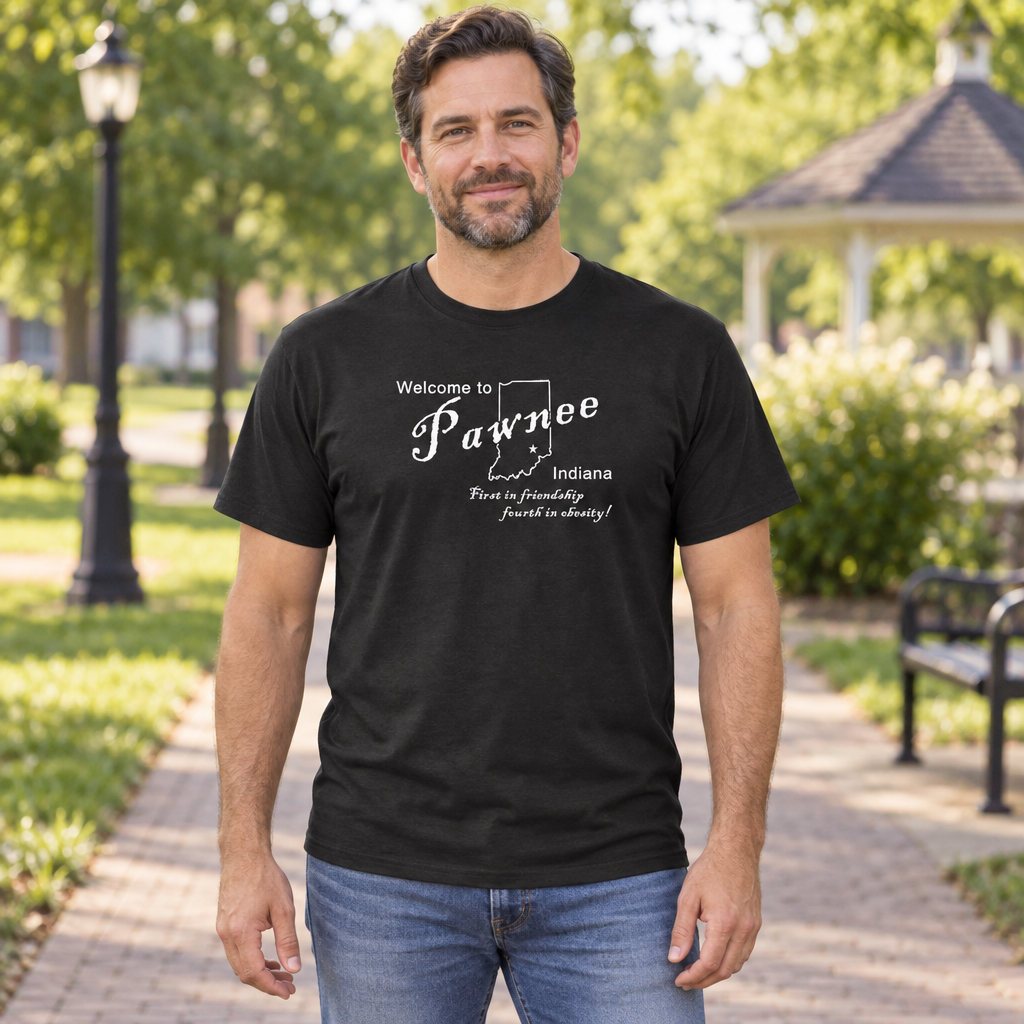 Welcome to Pawnee Indiana — Black T-Shirt — lifestyle hero