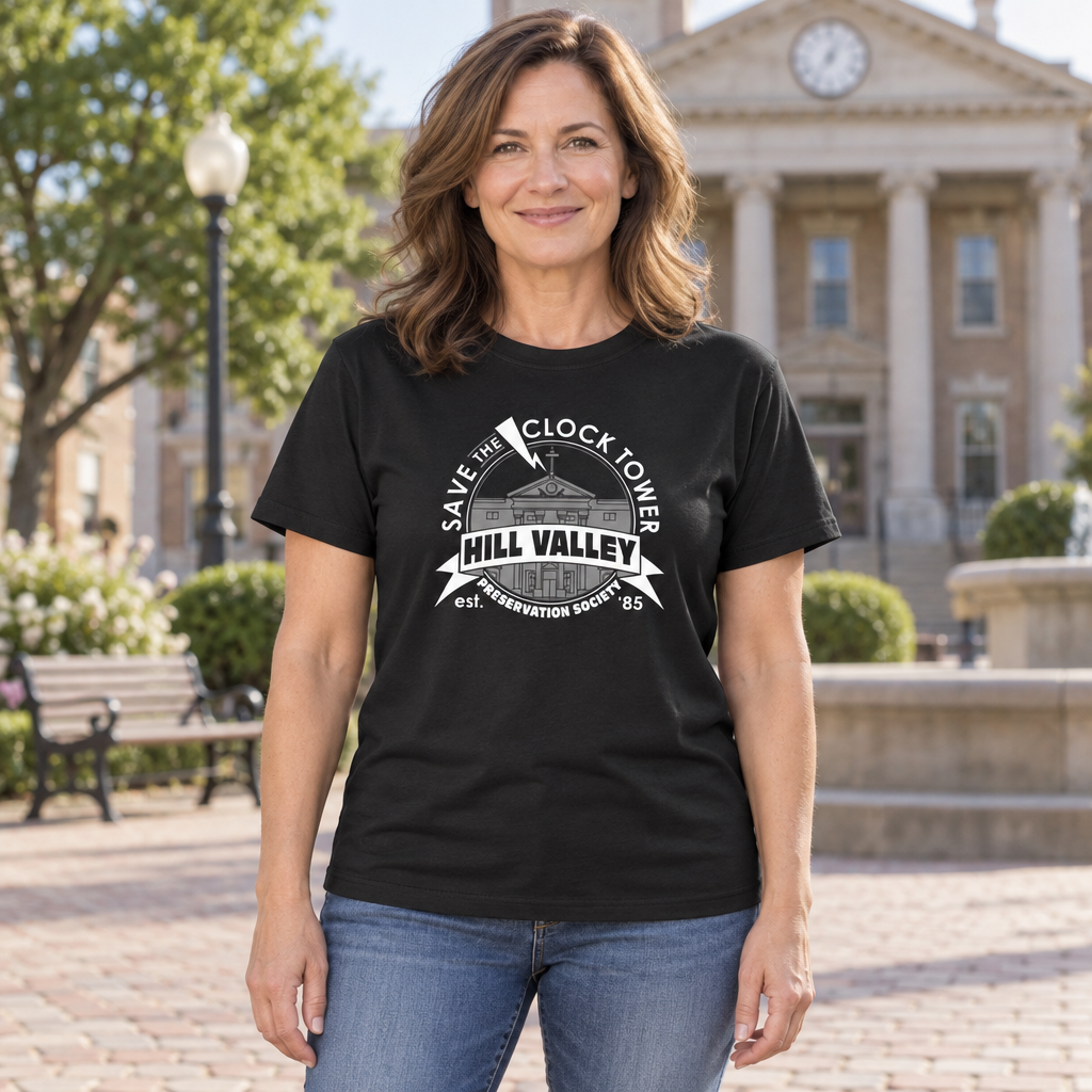 Save the Clock Tower Hill Valley — Black T-Shirt — lifestyle hero