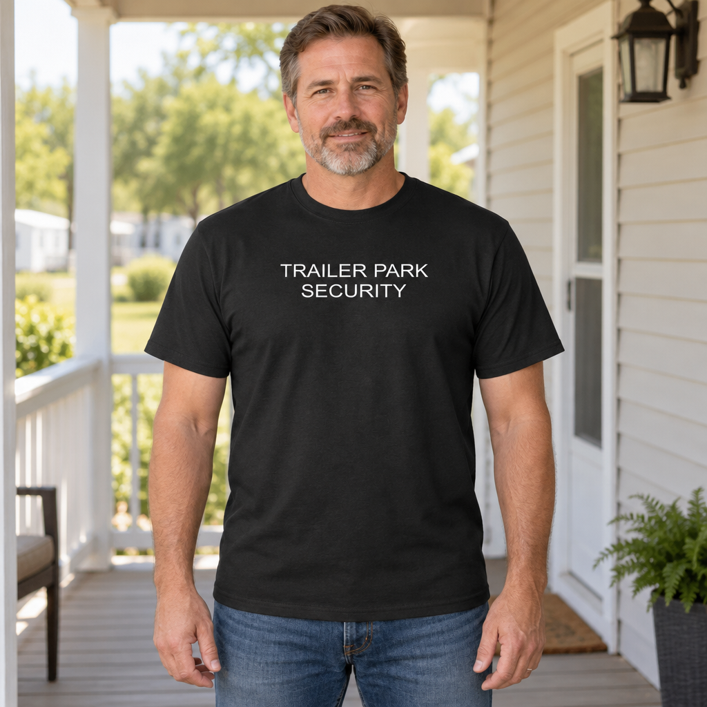 Trailer Park Security — Black T-Shirt — lifestyle hero