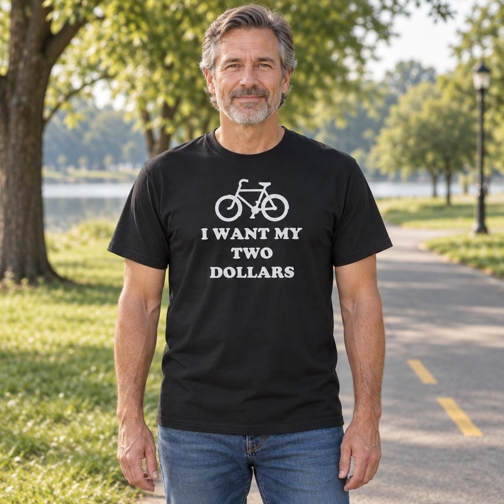 I Want My Two Dollars Bicycle — Black T-Shirt — lifestyle hero