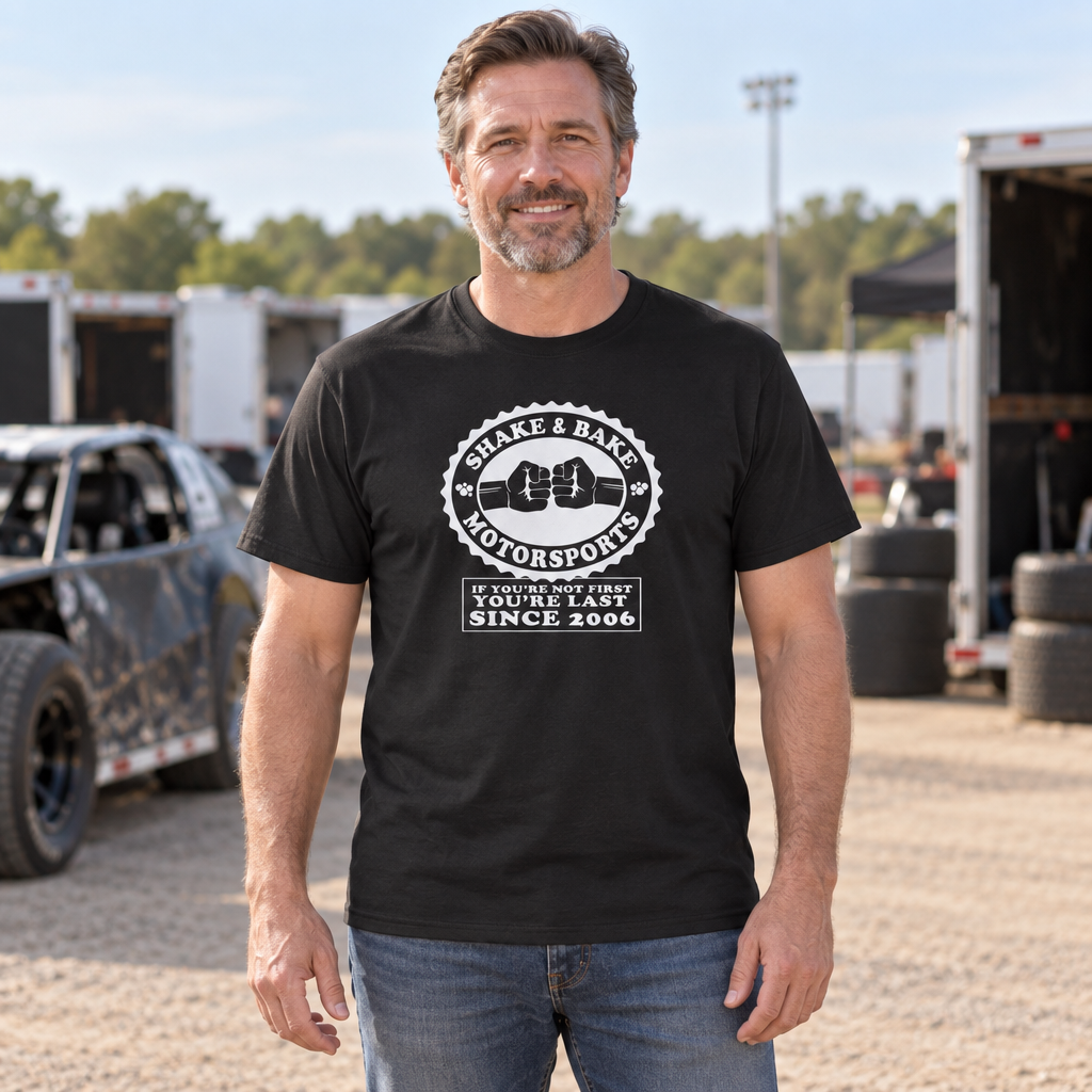 Shake and Bake Motorsports — Black T-Shirt — lifestyle hero