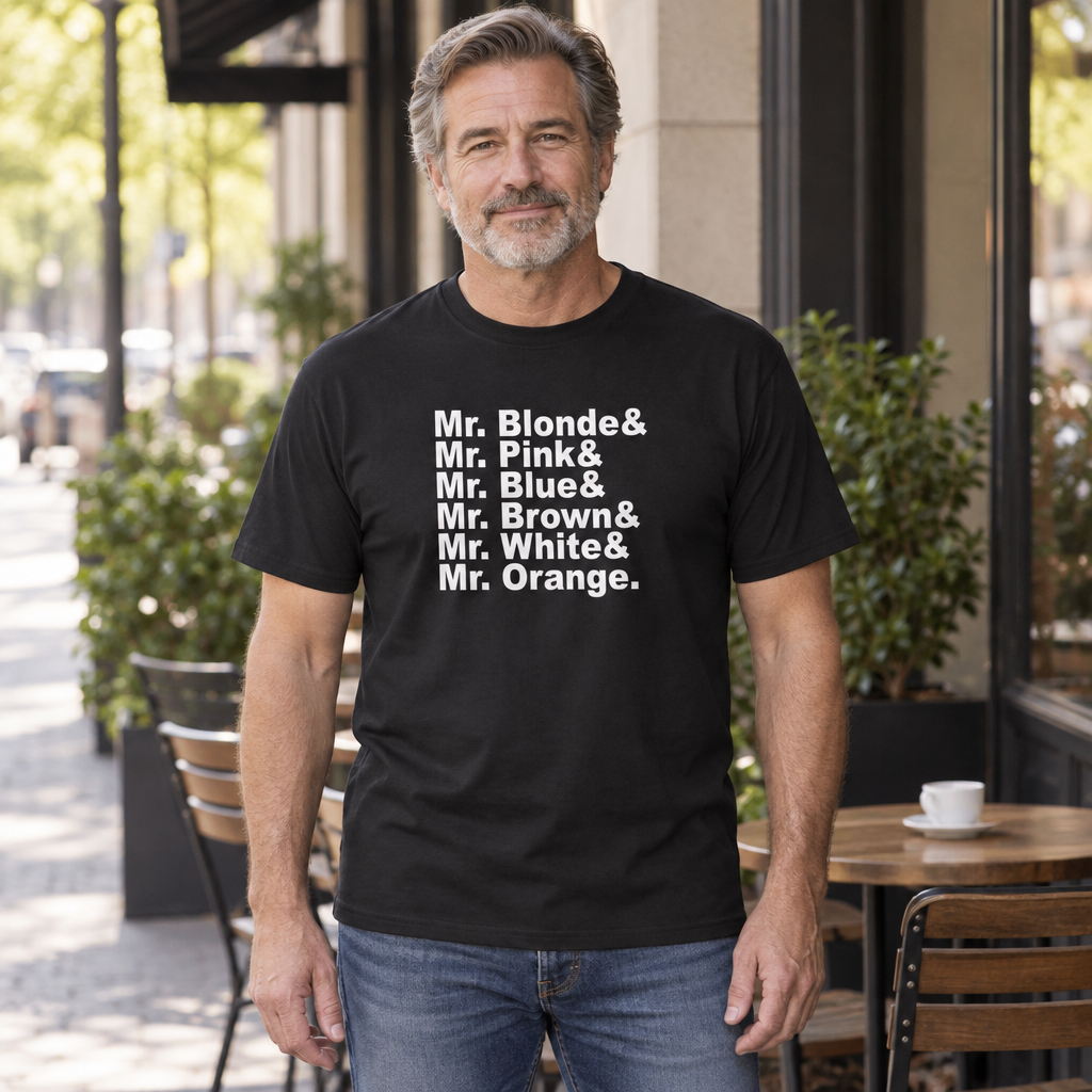 Mr Blonde Pink Blue Brown White Orange Names — Black T-Shirt — lifestyle hero