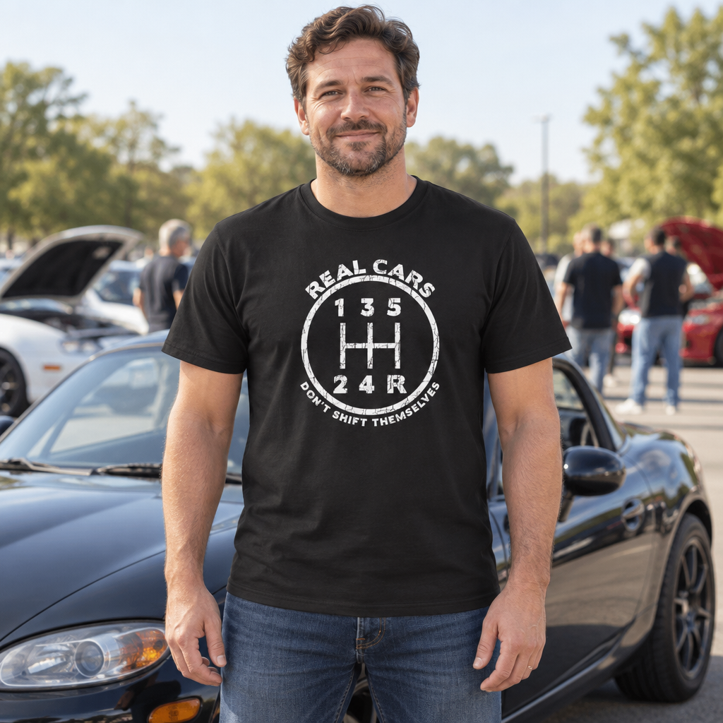 Real Cars Don't Shift Themselves — Black T-Shirt — lifestyle hero