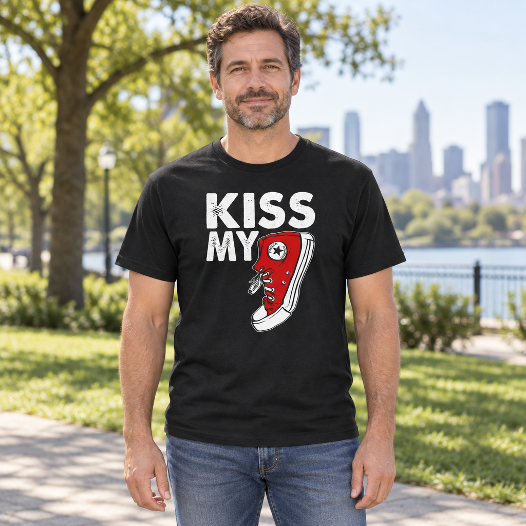 Kiss My Sneaker — Black T-Shirt — lifestyle hero