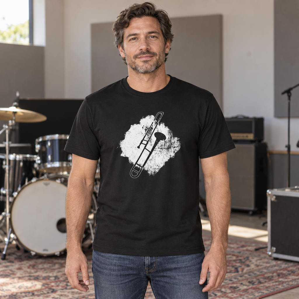 Trombone Illustration — Black T-Shirt — lifestyle hero