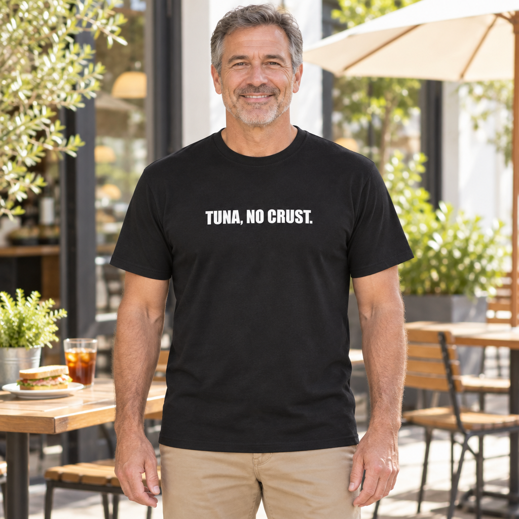 Tuna No Crust — Black T-Shirt — lifestyle hero