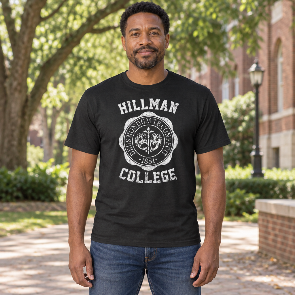 Hillman College Crest — Black T-Shirt — lifestyle hero
