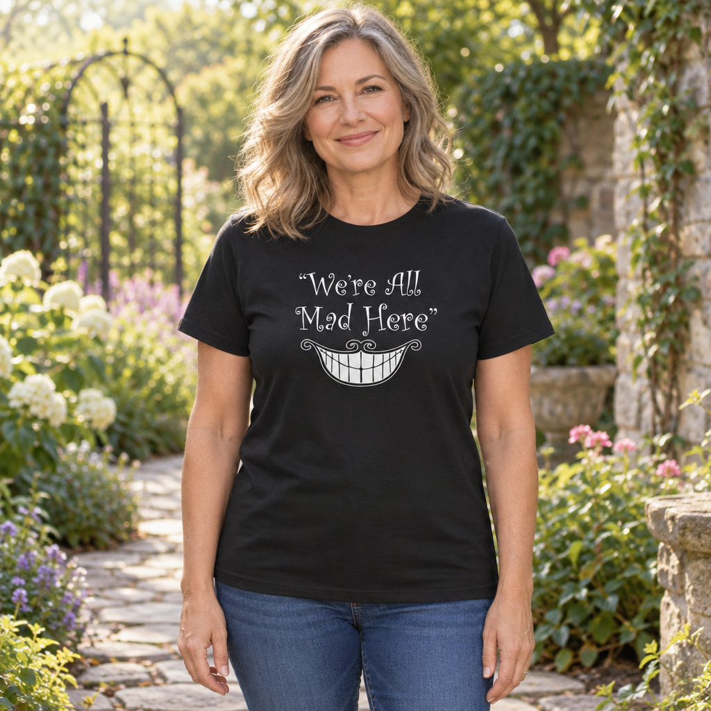 We're All Mad Here Grin — Black T-Shirt — lifestyle hero