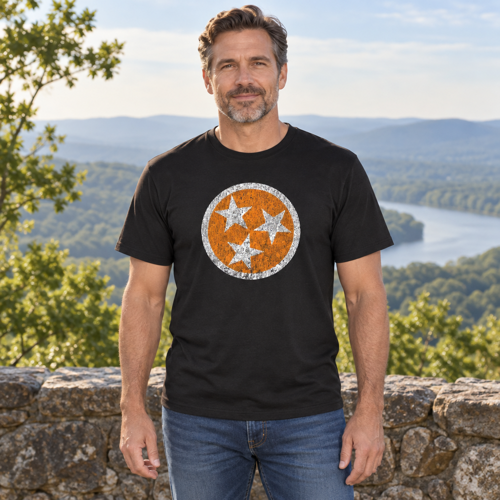 Tennessee Distressed Three Stars — Black T-Shirt — lifestyle hero