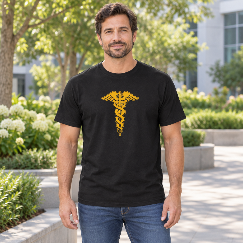 Gold Caduceus — Black T-Shirt — lifestyle hero