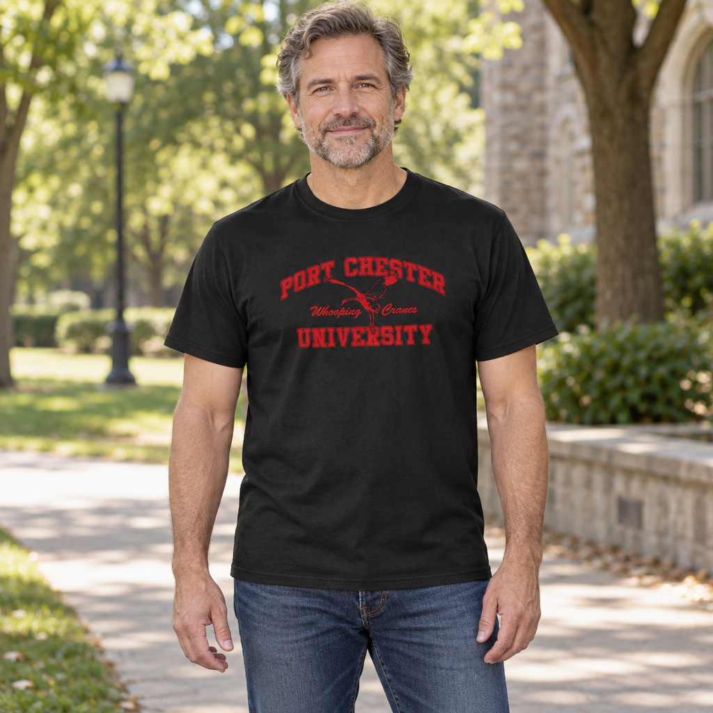 Port Chester University — Black T-Shirt — lifestyle hero