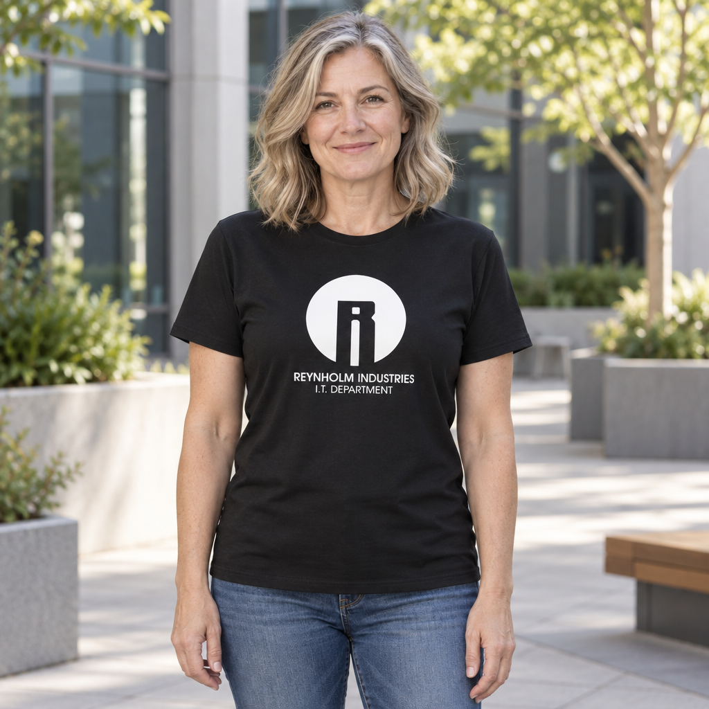 Reynholm Industries IT Department — Black T-Shirt — lifestyle hero