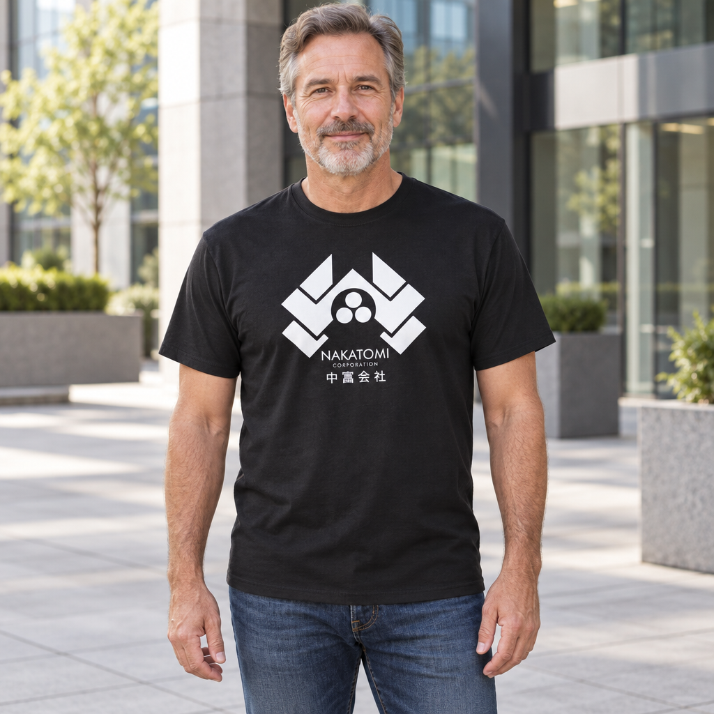 Nakatomi Corporation — Black T-Shirt — lifestyle hero