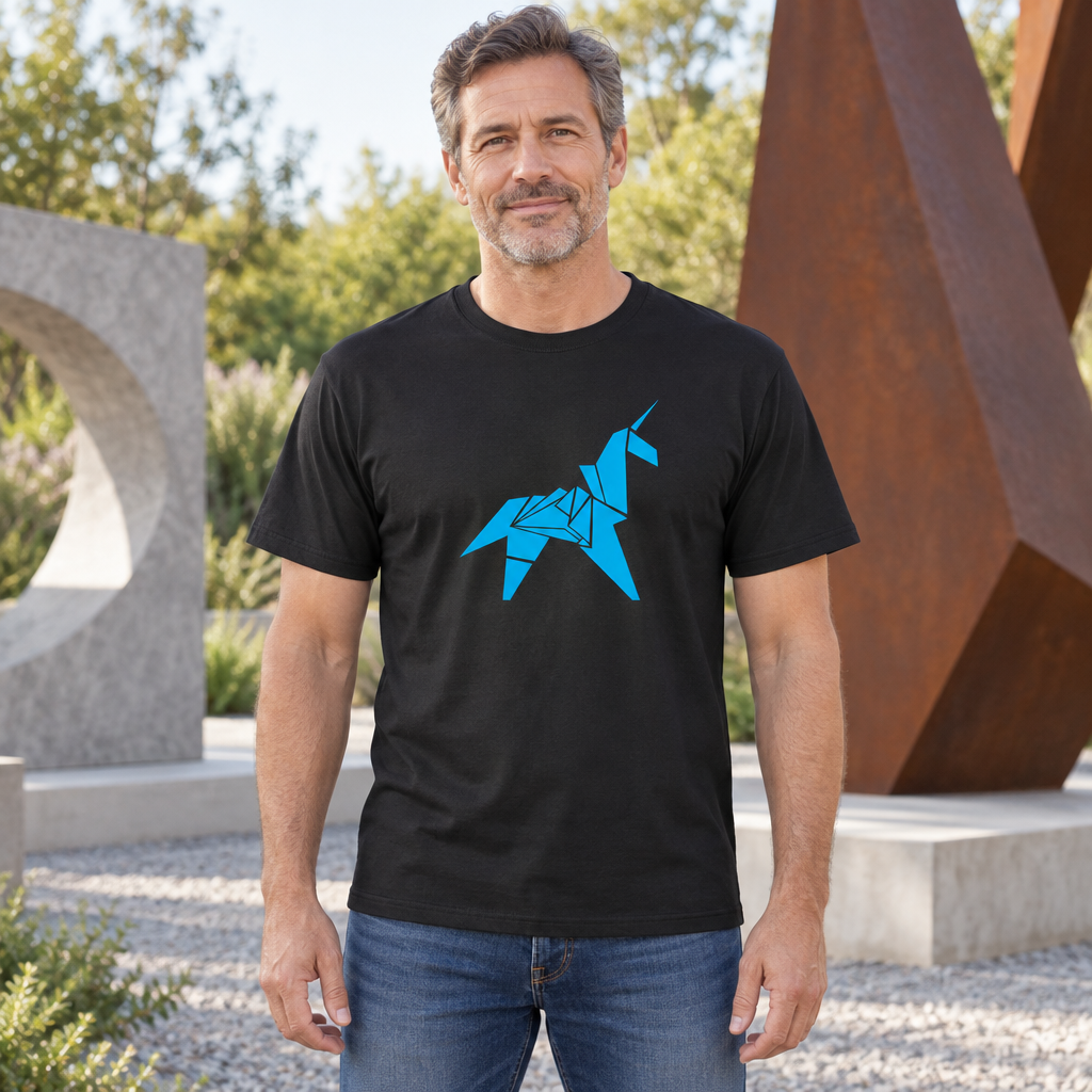 Blue Origami Unicorn — Black T-Shirt — lifestyle hero