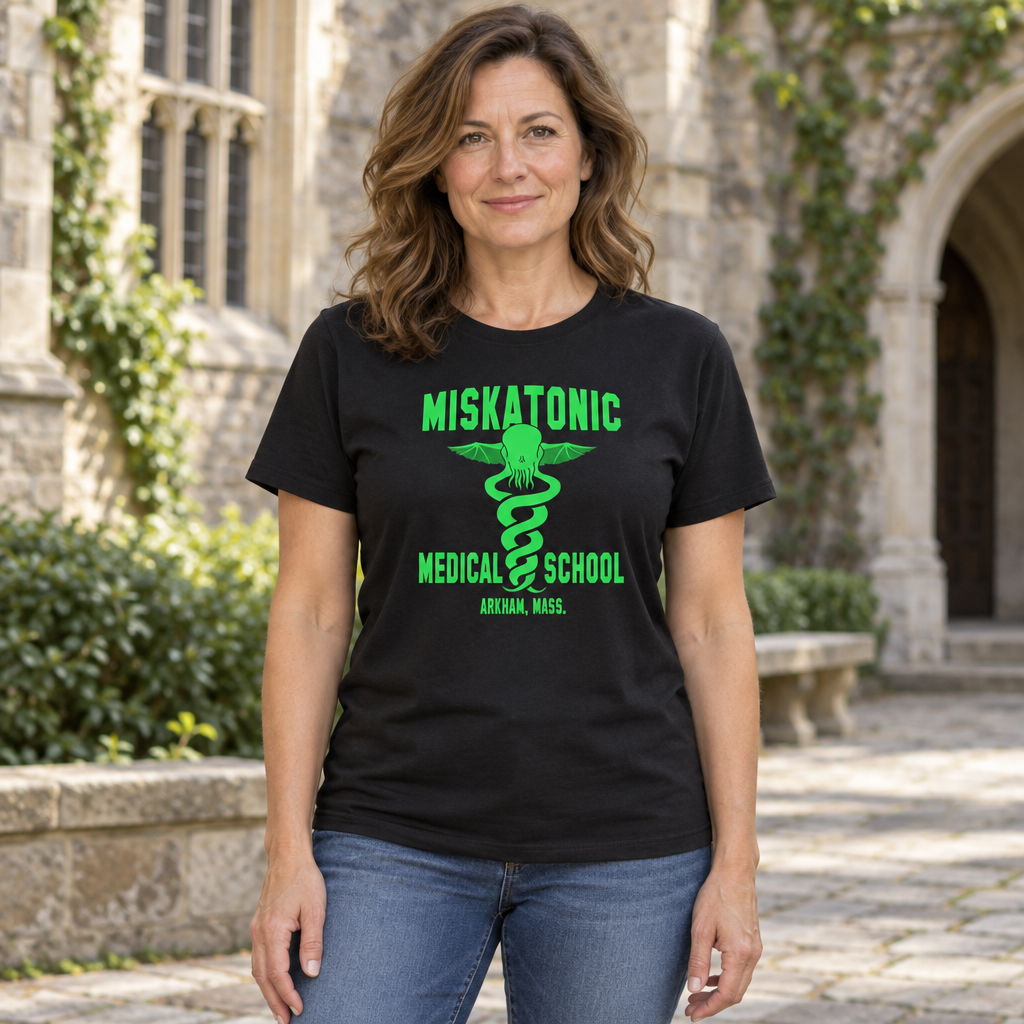 Miskatonic Medical School — Black T-Shirt — lifestyle hero