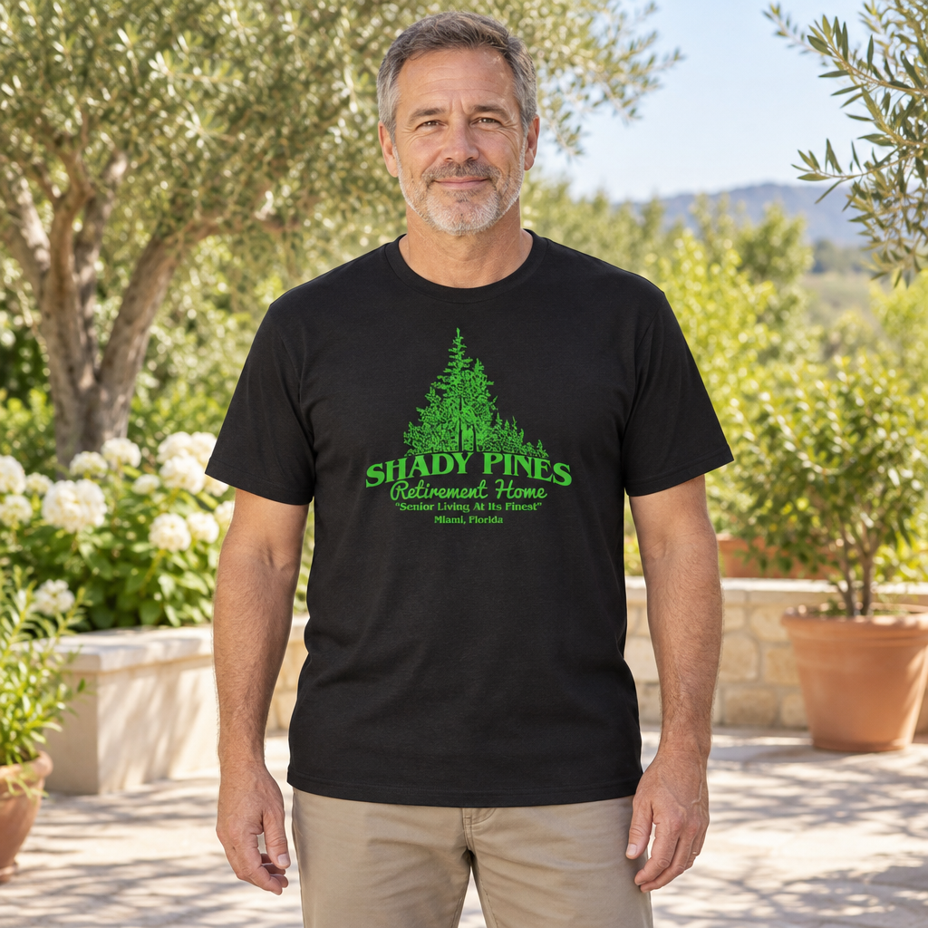 Shady Pines Retirement Home — Black T-Shirt — lifestyle hero