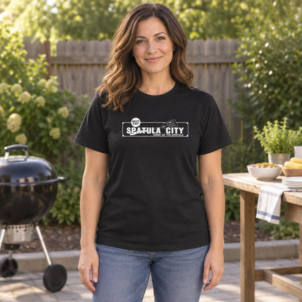 Spatula City — Black T-Shirt — lifestyle hero