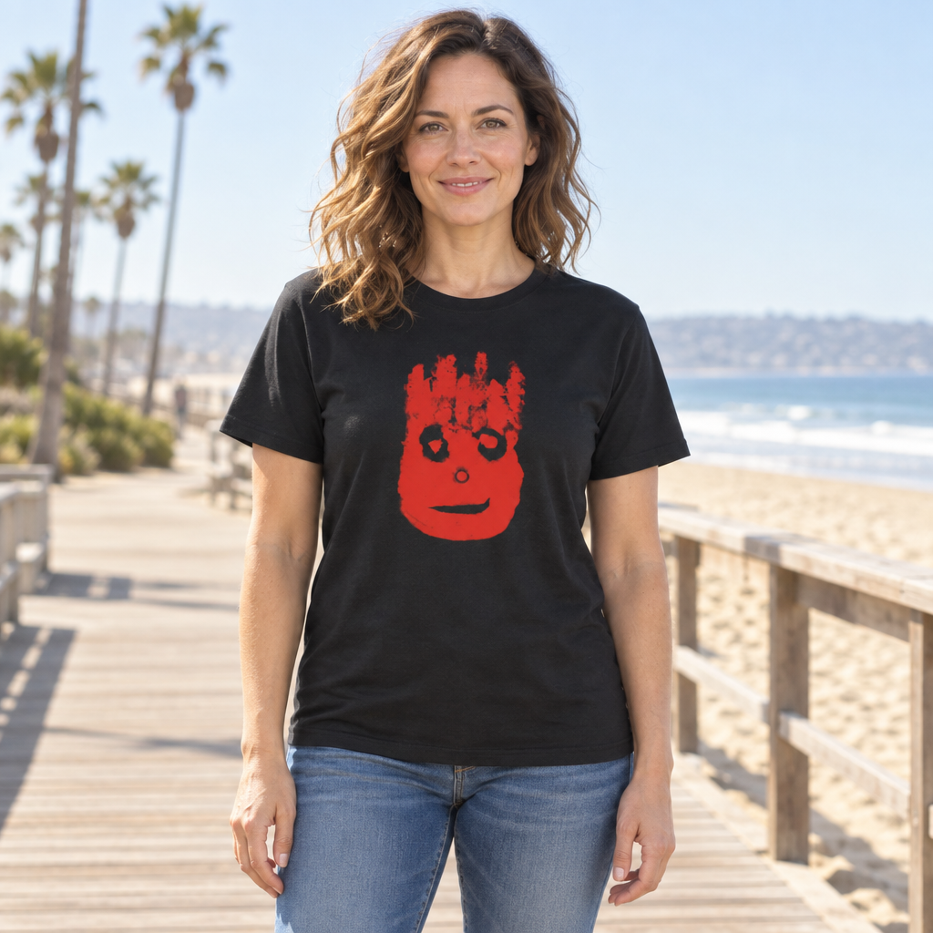 Red Handprint Face — Black T-Shirt — lifestyle hero