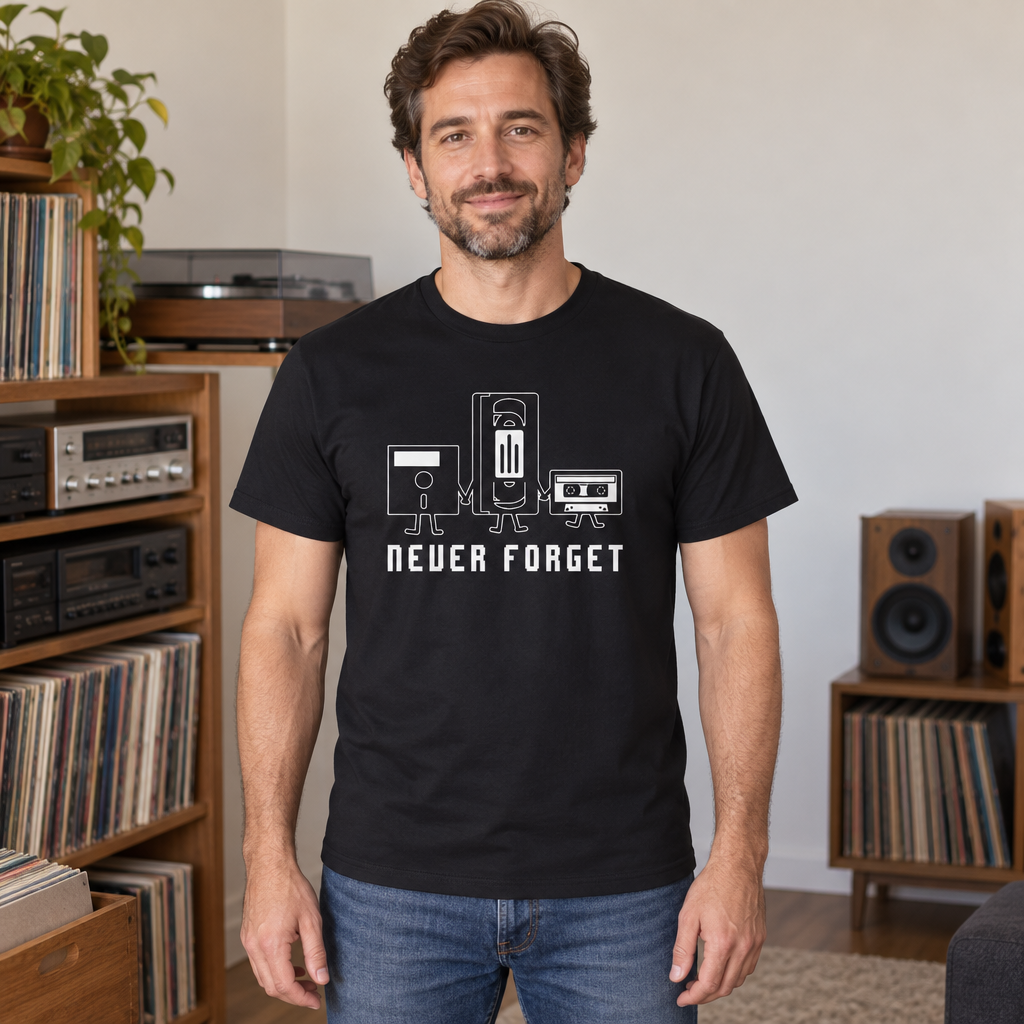 Never Forget Retro Media — Black T-Shirt — lifestyle hero