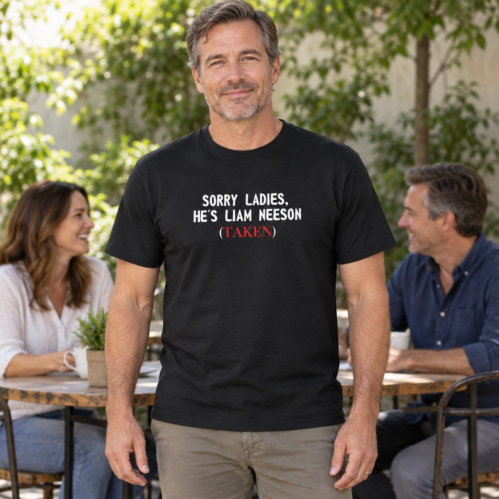 Sorry Ladies He's Taken — Black T-Shirt — lifestyle hero
