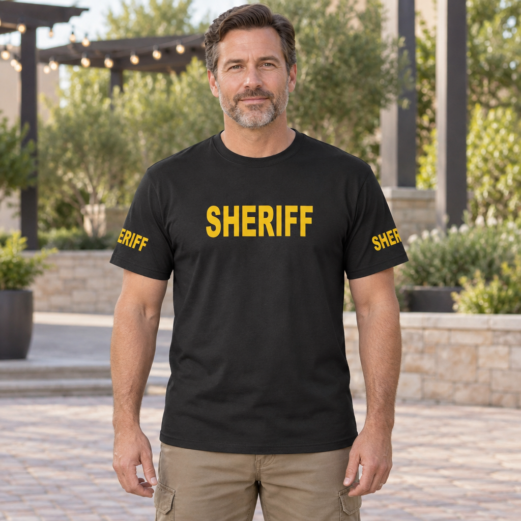 Sheriff Front and Sleeve Print — Black T-Shirt — lifestyle hero