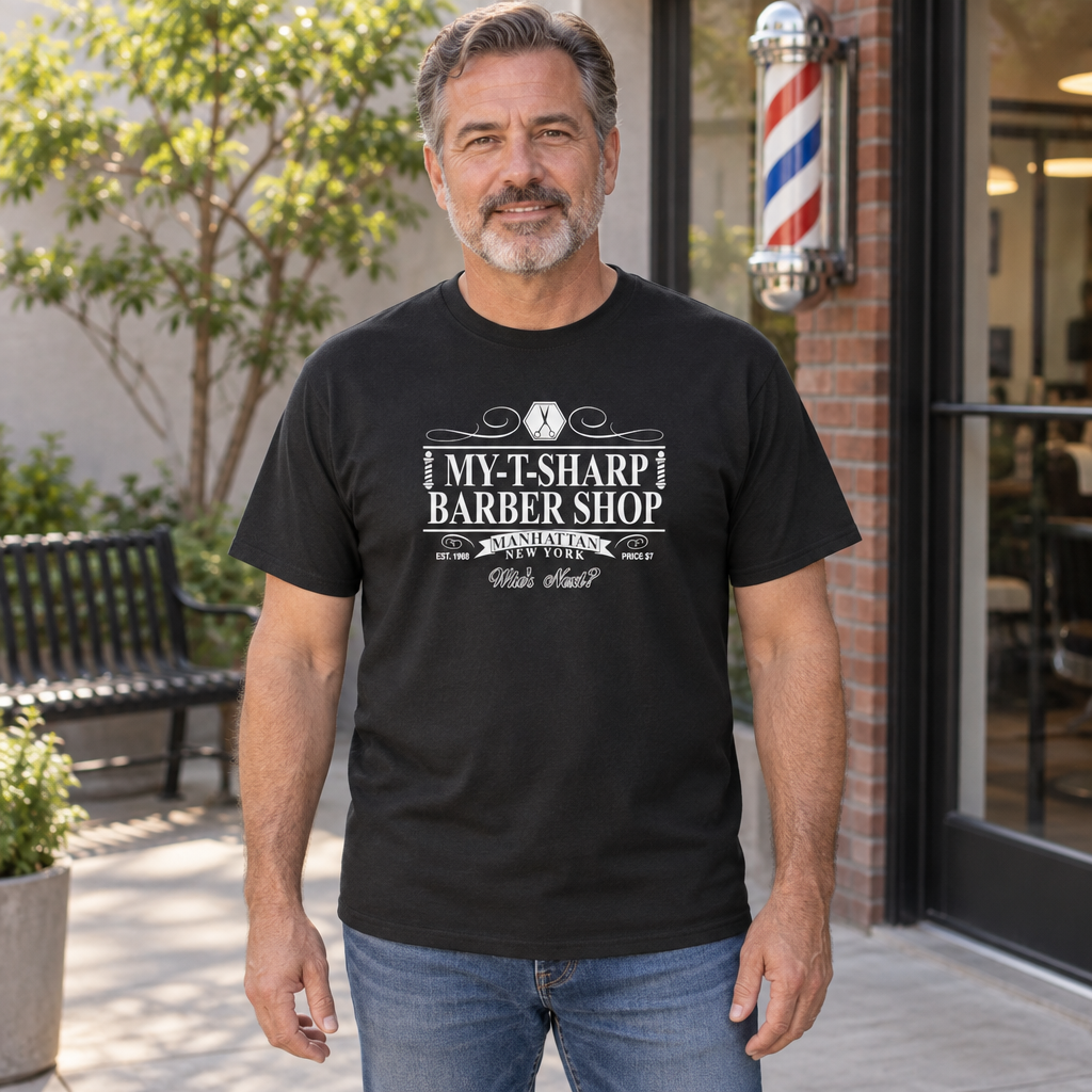 My-T-Sharp Barber Shop — Black T-Shirt — lifestyle hero