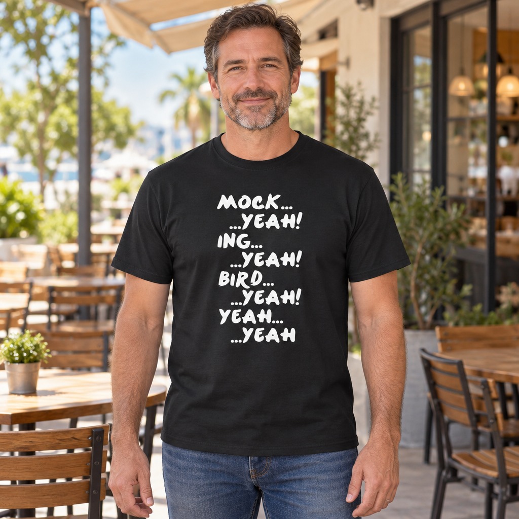 Mock Yeah Ing Yeah Bird Yeah — Black T-Shirt — lifestyle hero