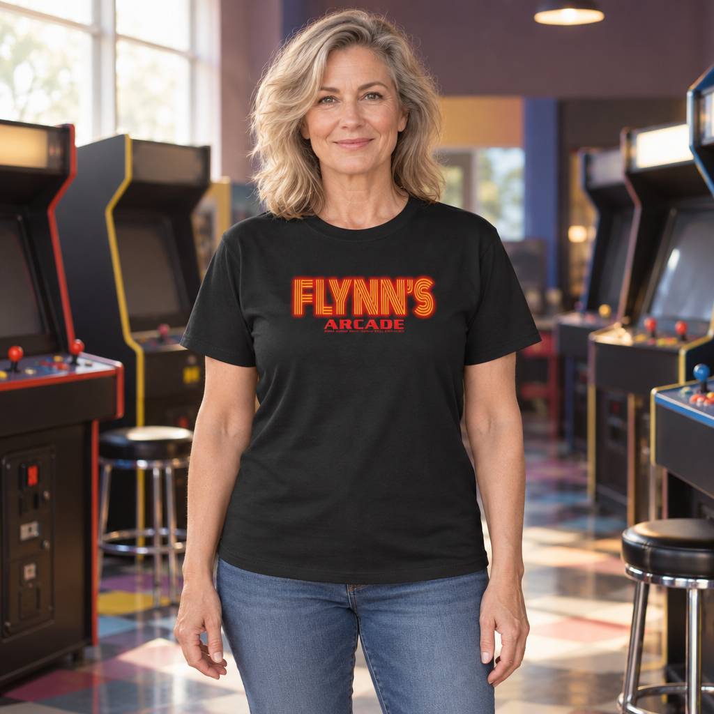 Flynn's Arcade — Black T-Shirt — lifestyle hero