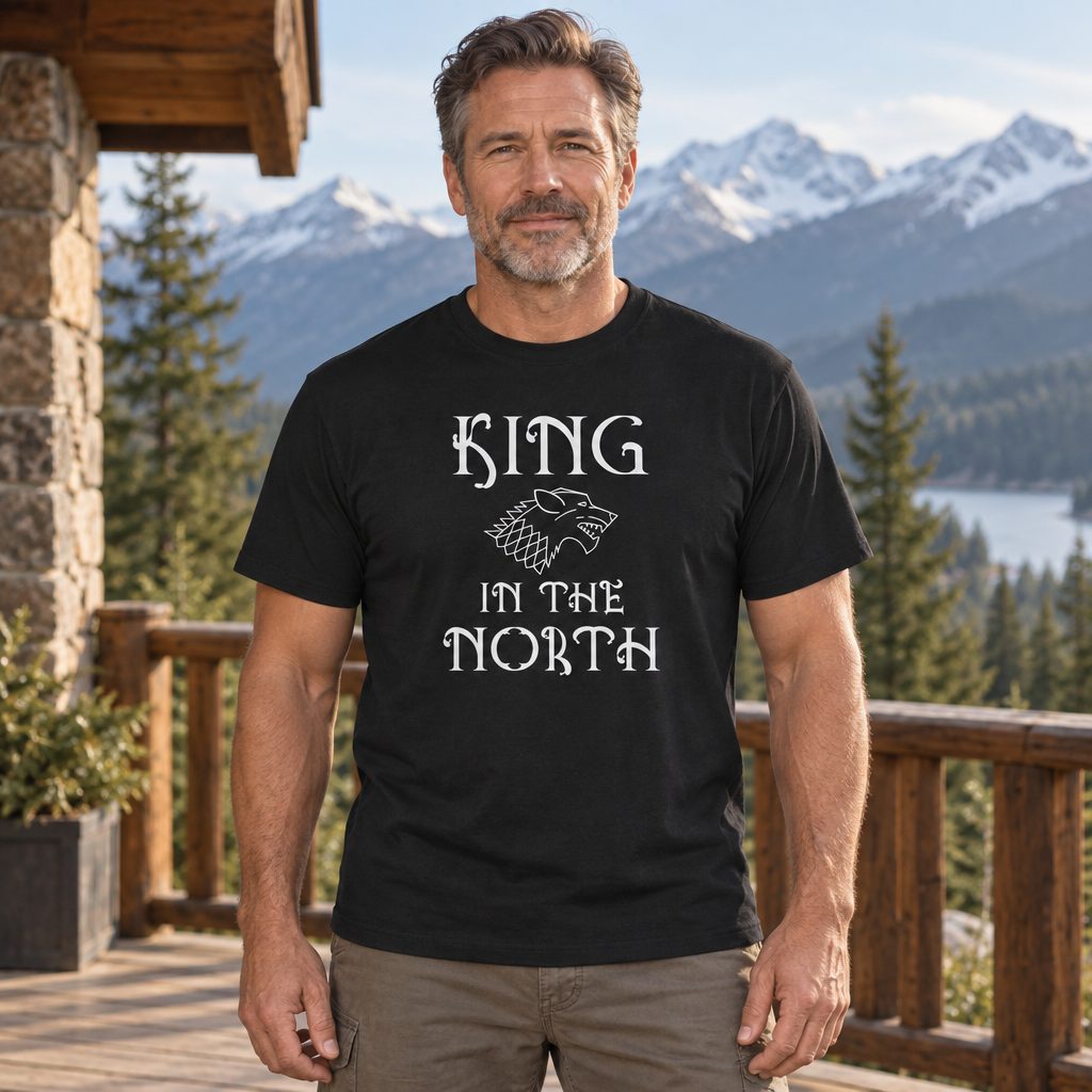 King in the North Wolf — Black T-Shirt — lifestyle hero