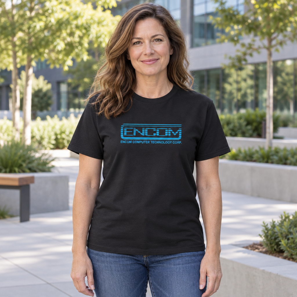 Encom Computer Technology — Black T-Shirt — lifestyle hero