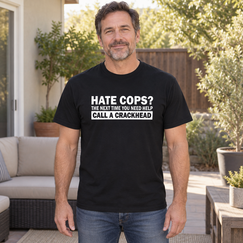 Hate Cops Call a Crackhead — Black T-Shirt — lifestyle hero