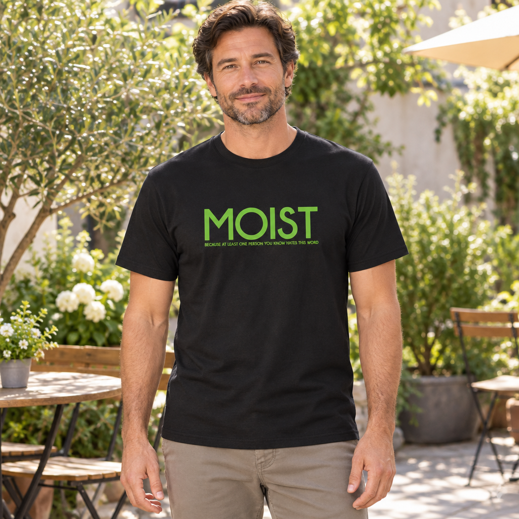 Moist Green Lettering — Black T-Shirt — lifestyle hero