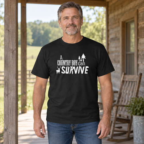 A Country Boy Can Survive — Black T-Shirt — lifestyle hero