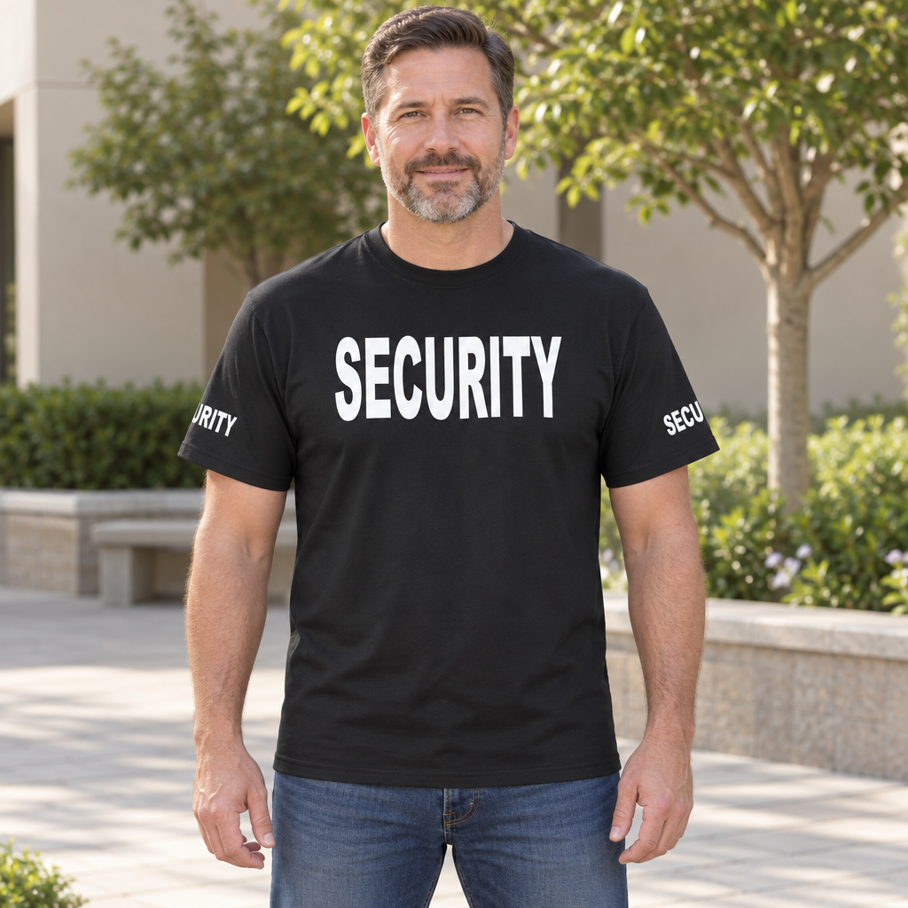 Security Front and Sleeve Lettering — Black T-Shirt — lifestyle hero