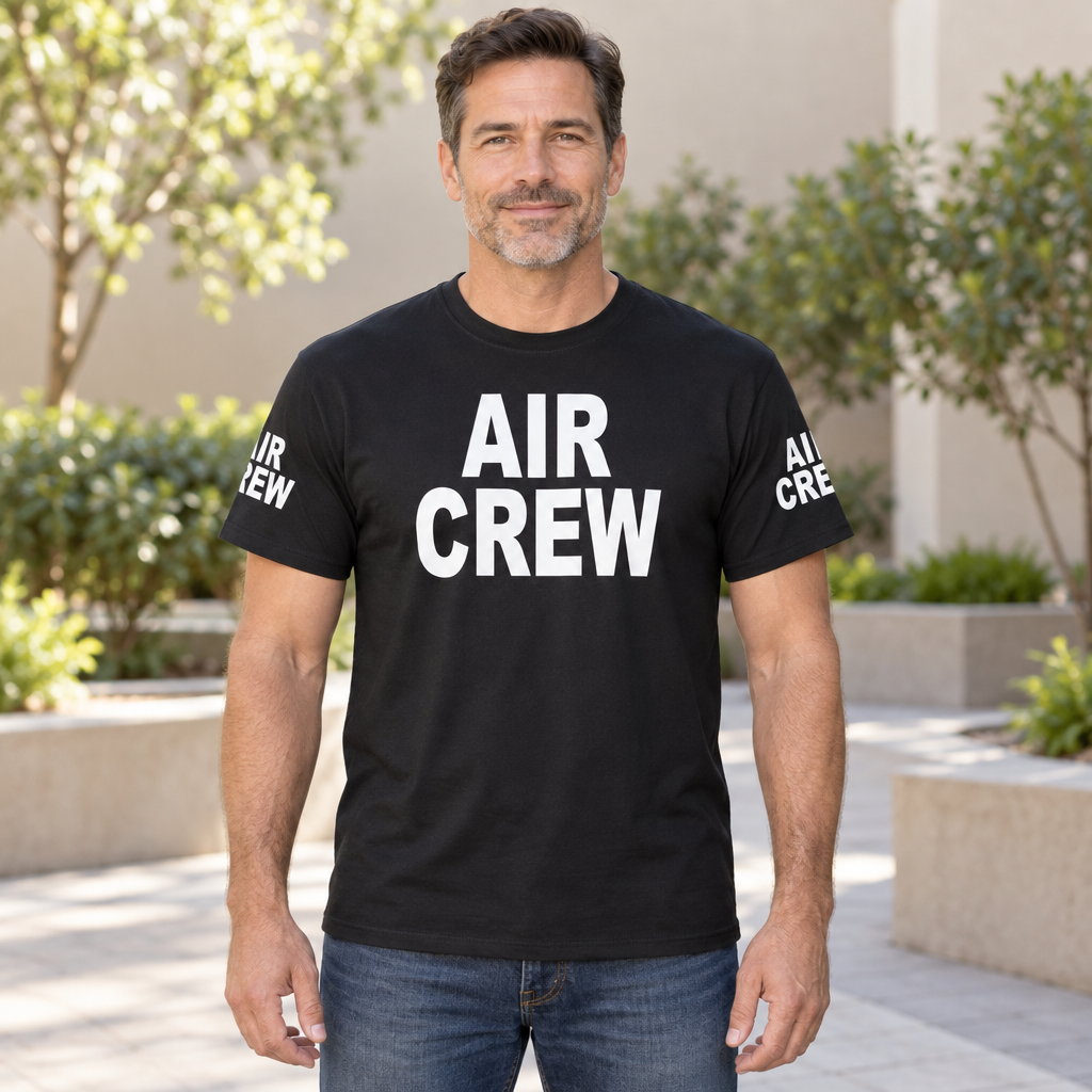 Air Crew Front and Sleeve Lettering — Black T-Shirt — lifestyle hero