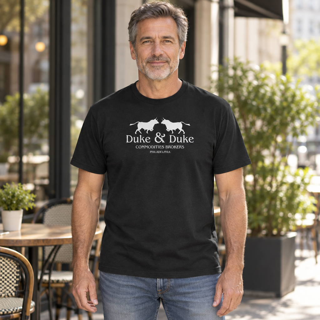Duke and Duke Commodities Brokers — Black T-Shirt — lifestyle hero